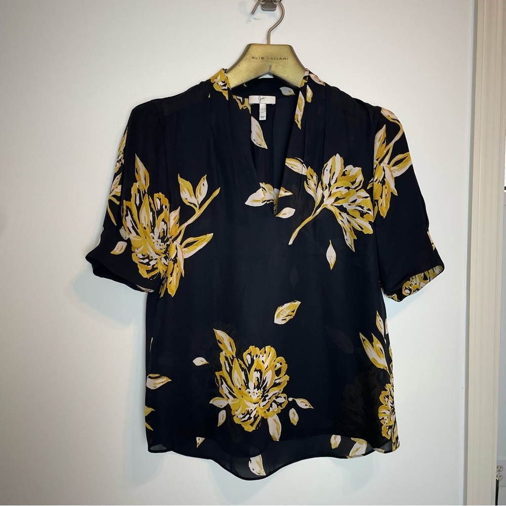 Joie Ance Floral Silk V-Neck Puff Sleeve Caviar Blouse \\ S View 2